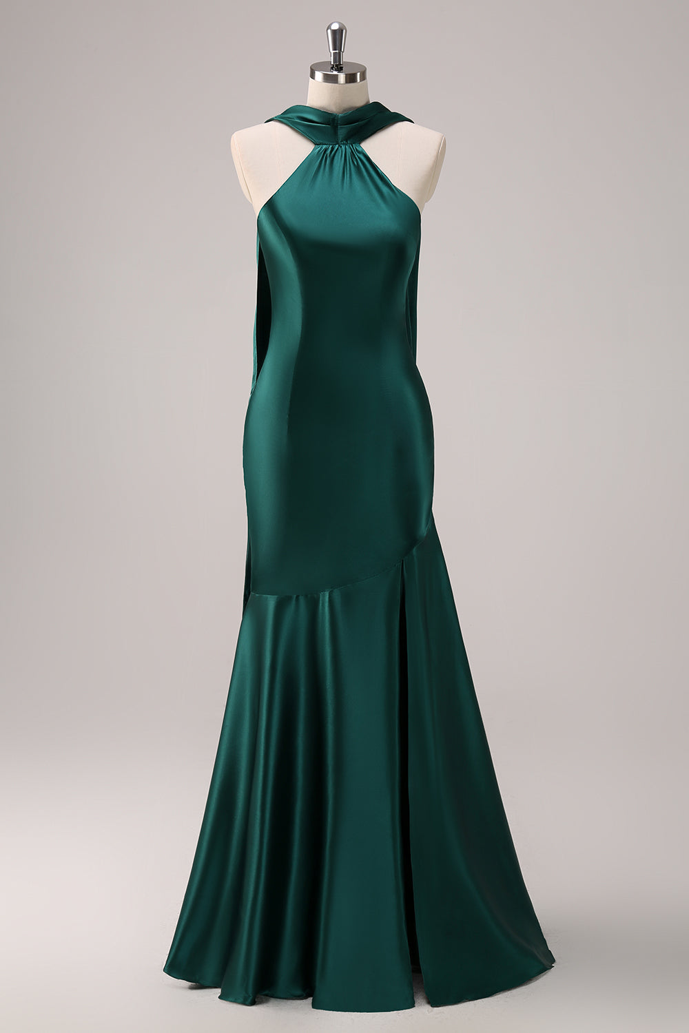 Dark Green Satin Mermaid Halter Maxi Dress