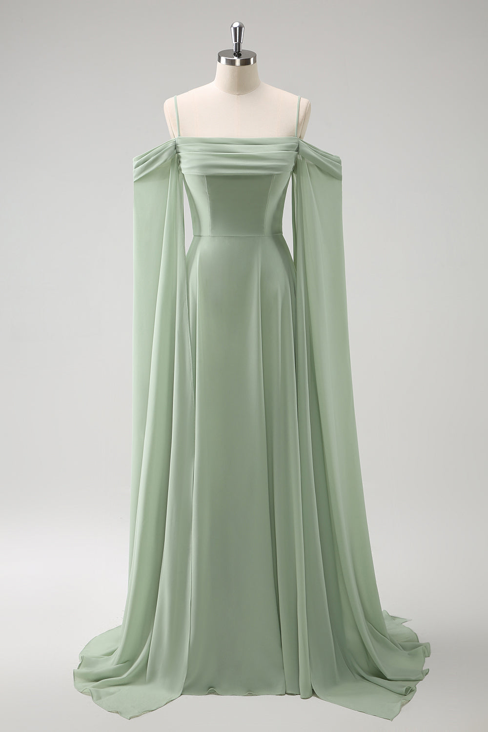 Light Green Cold Shoulder Detachable Sleeves A Line Chiffon Maxi Bridesmaid Dress