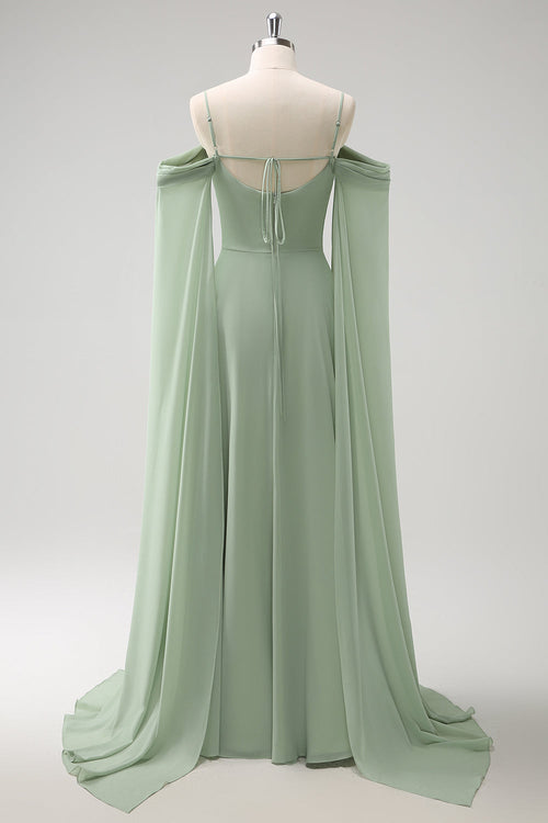 Light Green Cold Shoulder Detachable Sleeves A Line Chiffon Maxi Bridesmaid Dress