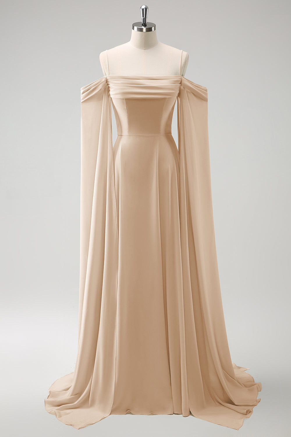 Light Green Cold Shoulder Detachable Sleeves A Line Chiffon Maxi Bridesmaid Dress