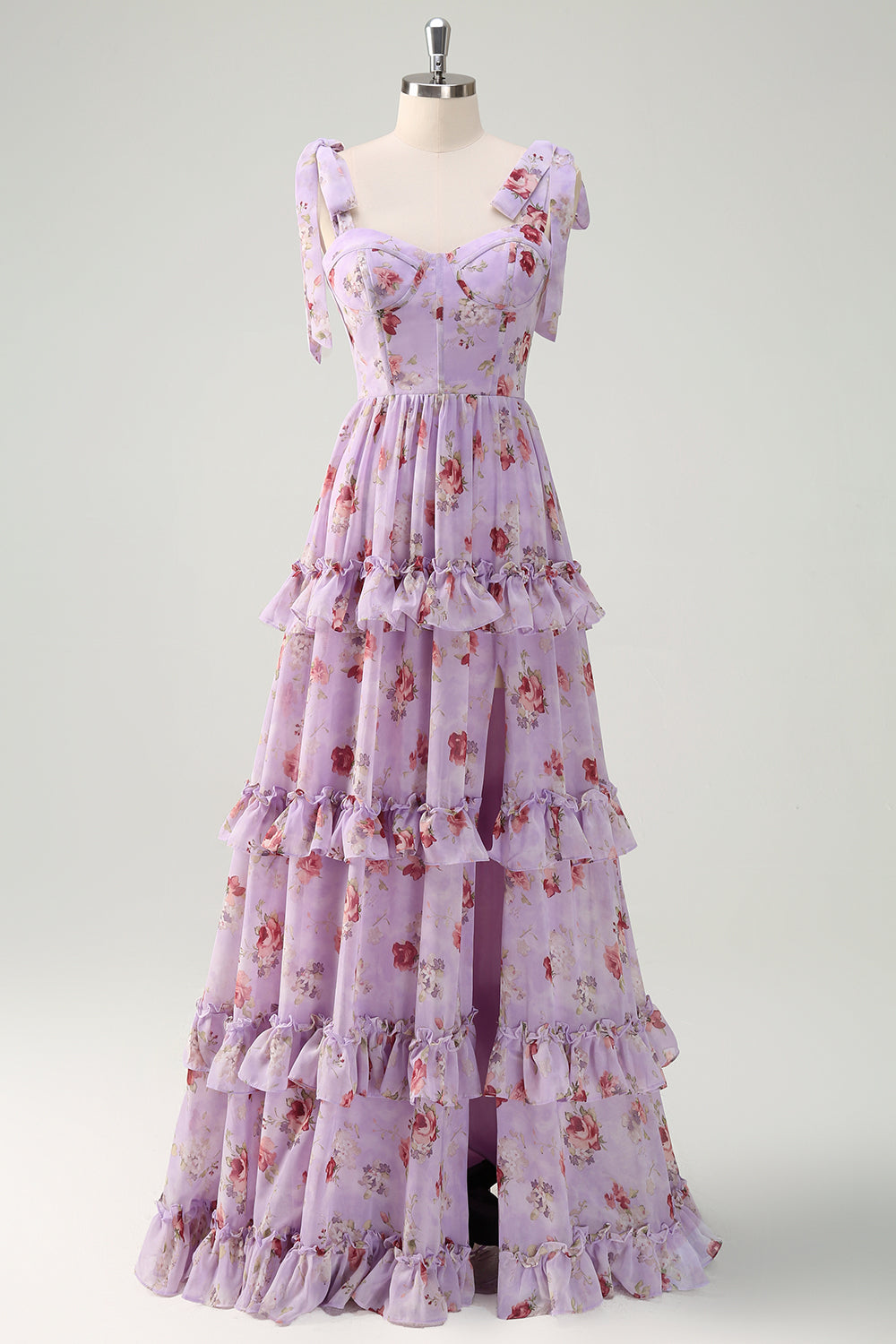 Grey Purple A Line Tiered Corset Slit Floral Maxi Dress with Lace-up Back