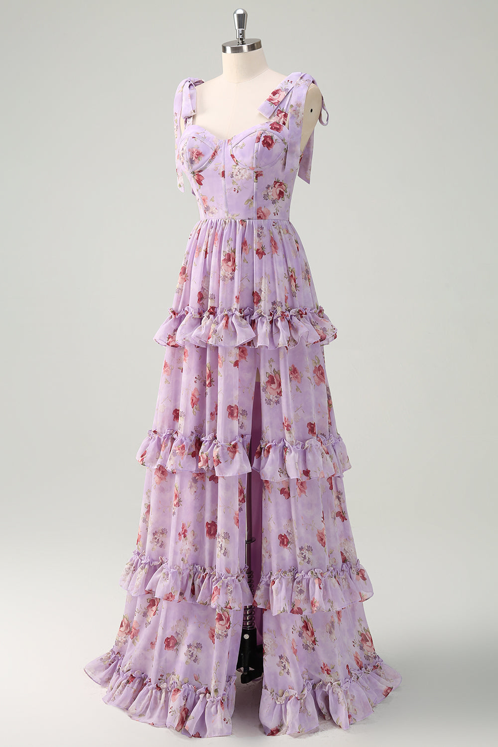 Grey Purple A Line Tiered Corset Slit Floral Maxi Dress with Lace-up Back
