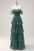 Eucalyptus Tiered A Line Pleated Off the Shoulder Bridesmaid Dress