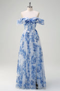 White Blue Flower Corset Off the Shoulder Maxi Dress