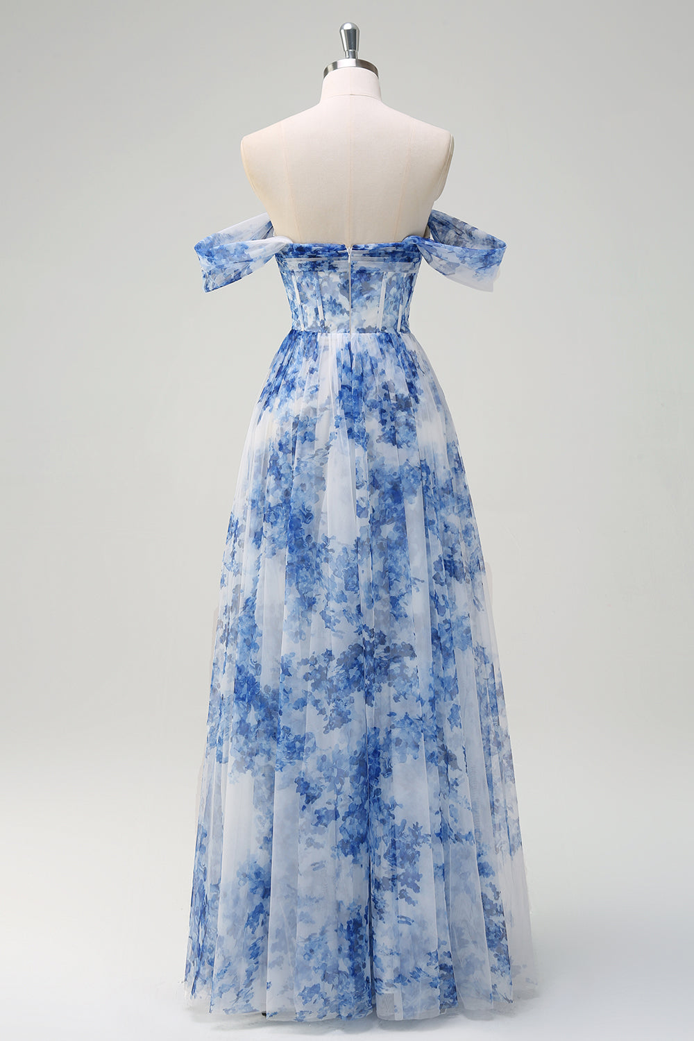 White Blue Flower Corset Off the Shoulder Maxi Dress