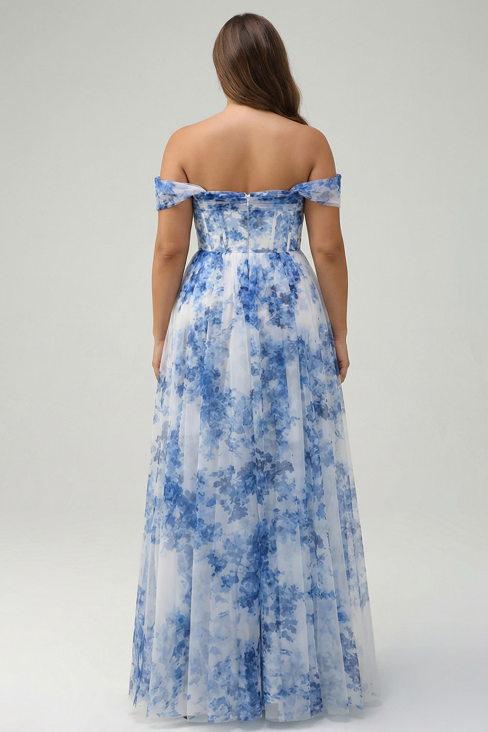 Off the Shoulder Floral White Blue Corset Plus Size Prom Dress