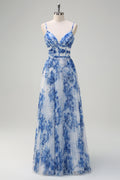 Pleated A Line White Blue Flower Spaghetti Straps Maxi Dress