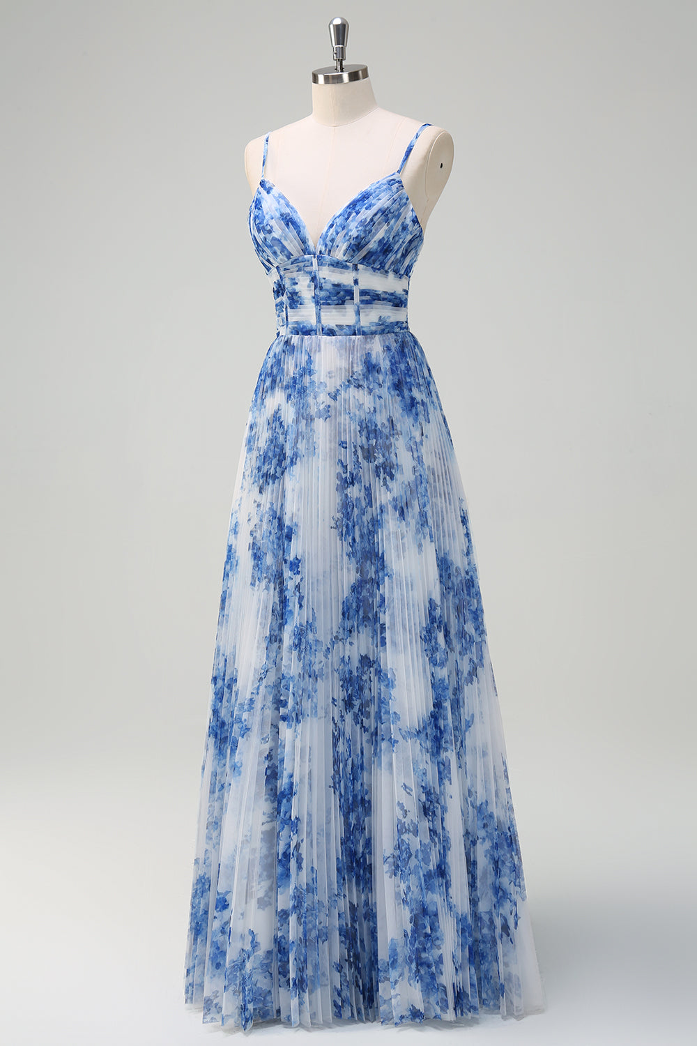 Pleated A Line White Blue Flower Spaghetti Straps Maxi Dress