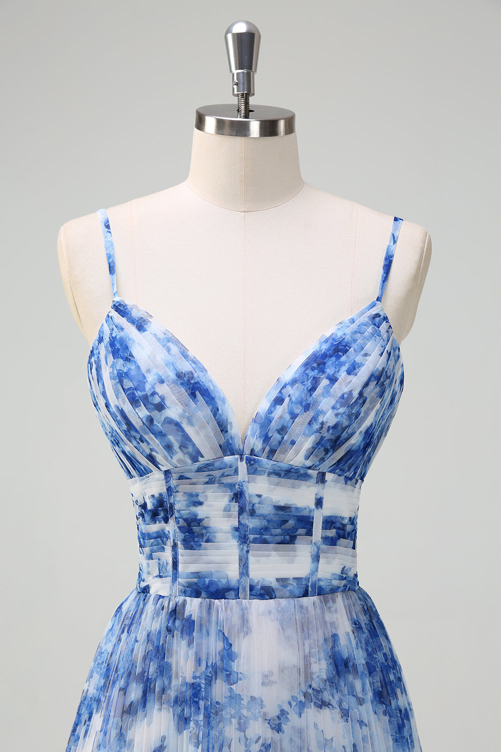 Pleated A Line White Blue Flower Spaghetti Straps Maxi Dress