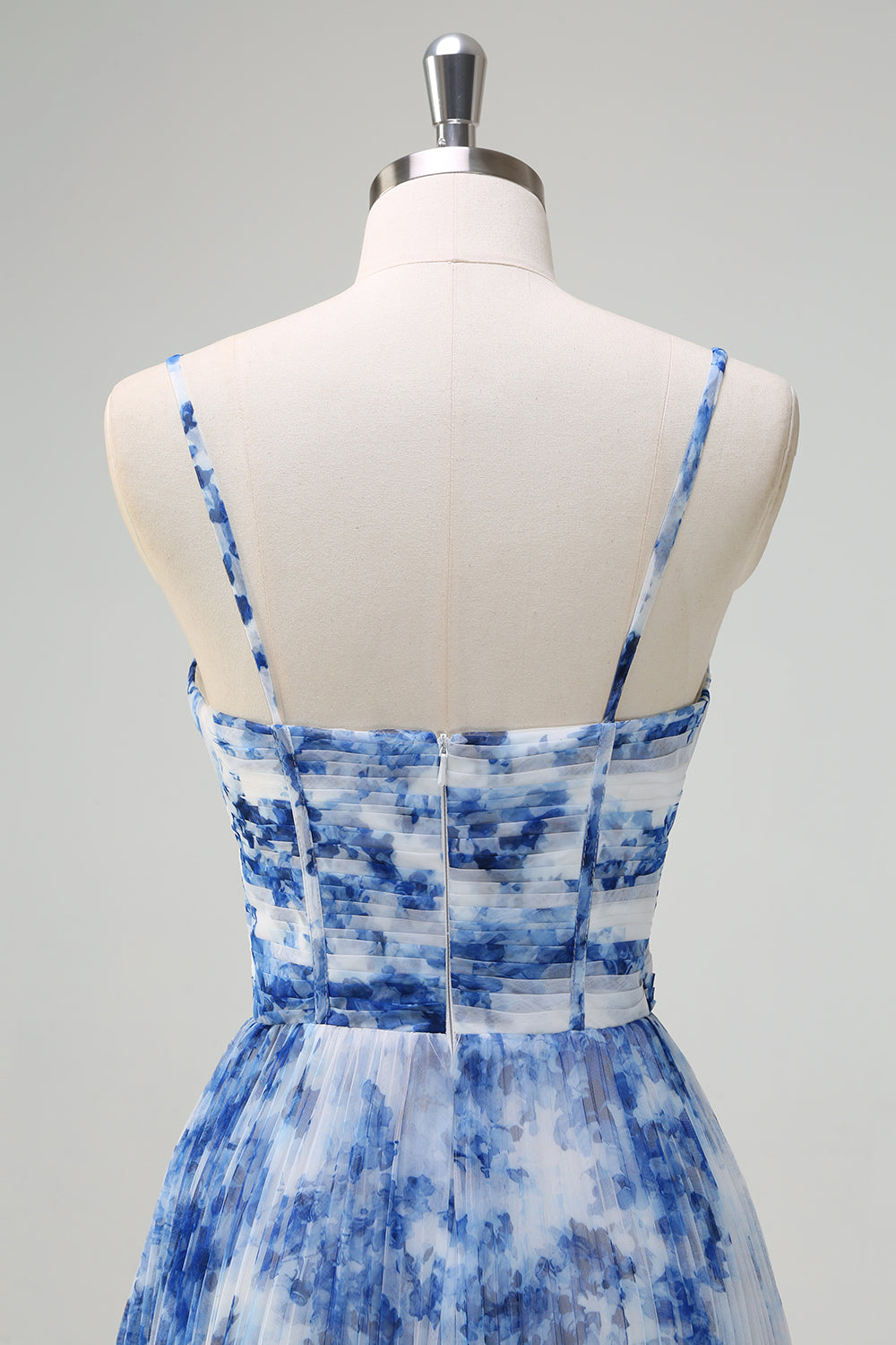 Pleated A Line White Blue Flower Spaghetti Straps Maxi Dress