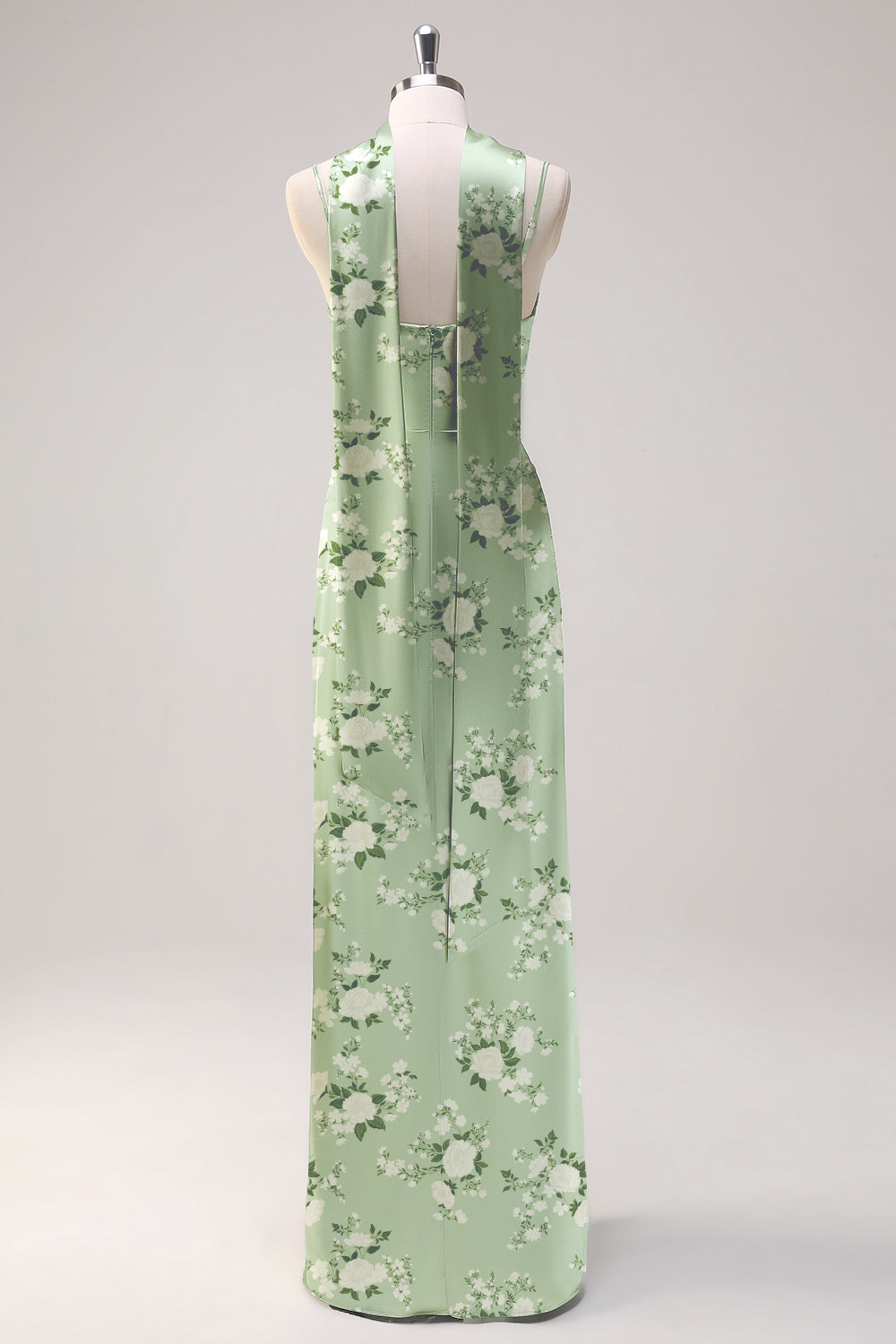 Sage White Flower Sheath Spaghetti Straps Slit Maxi Dress with Ribbon