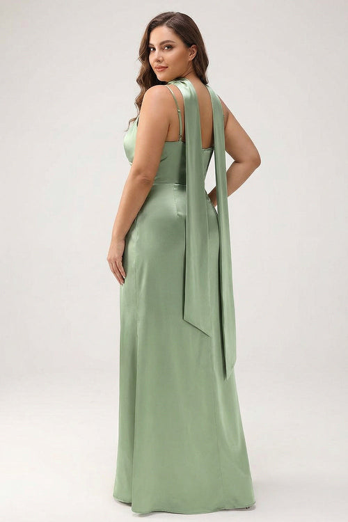 Sage Sheath Satin Plus Size Maxi Bridesmaid Dress