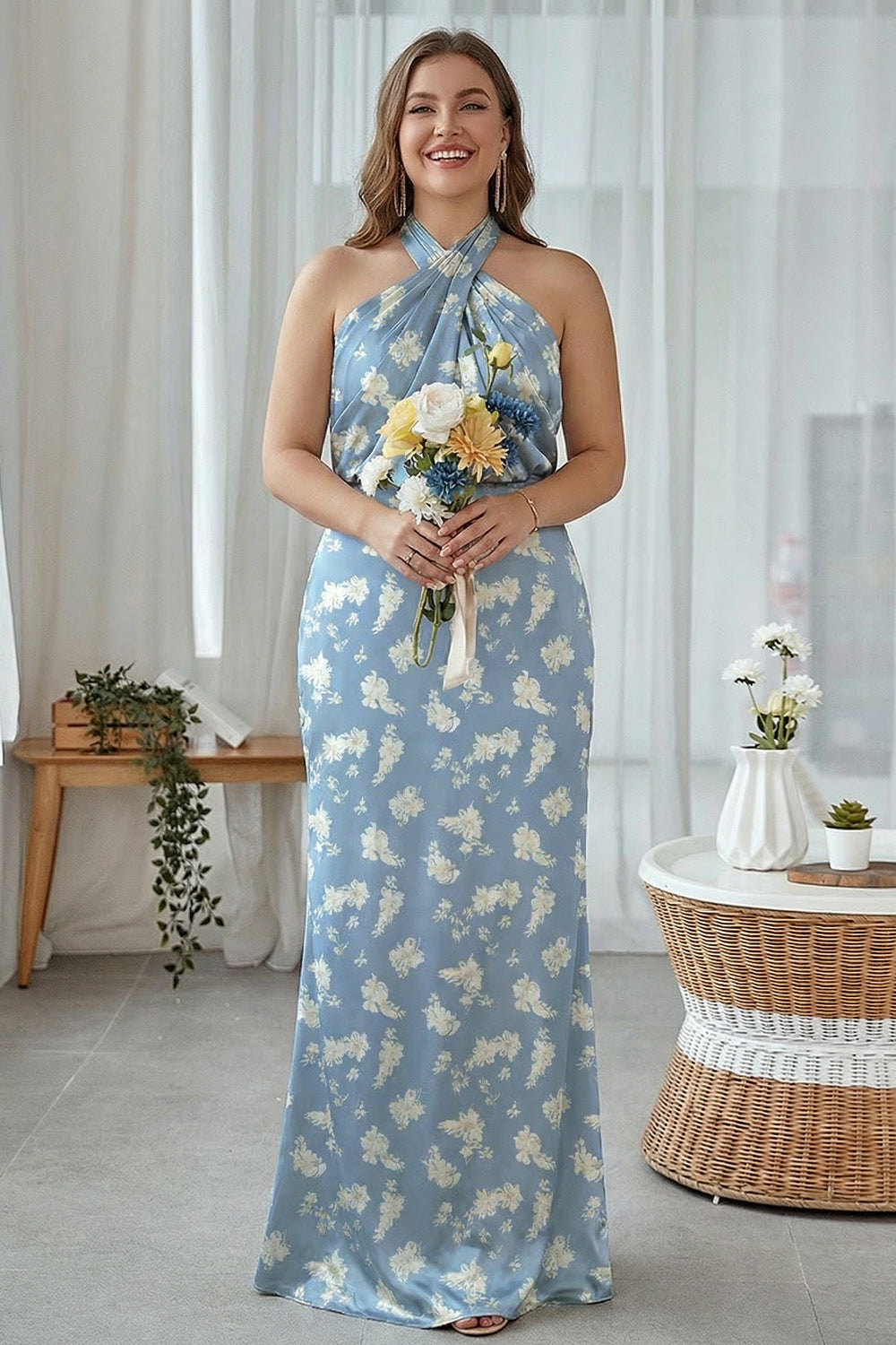 Halter Navy Bloom Sheath Plus Size Bridesmaid Dress