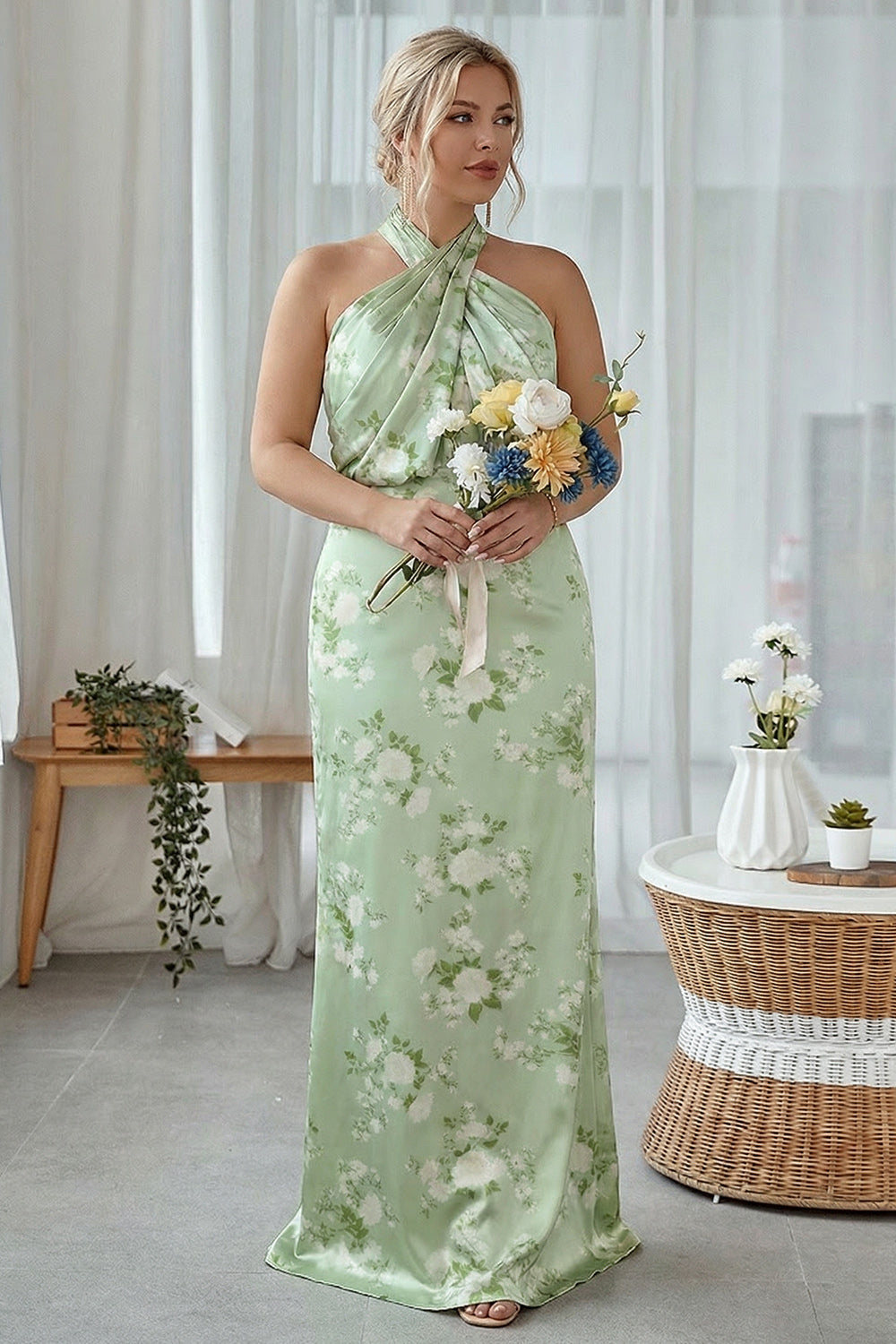 Halter Blue White Floral Plus Size Sheath Bridesmaid Dress