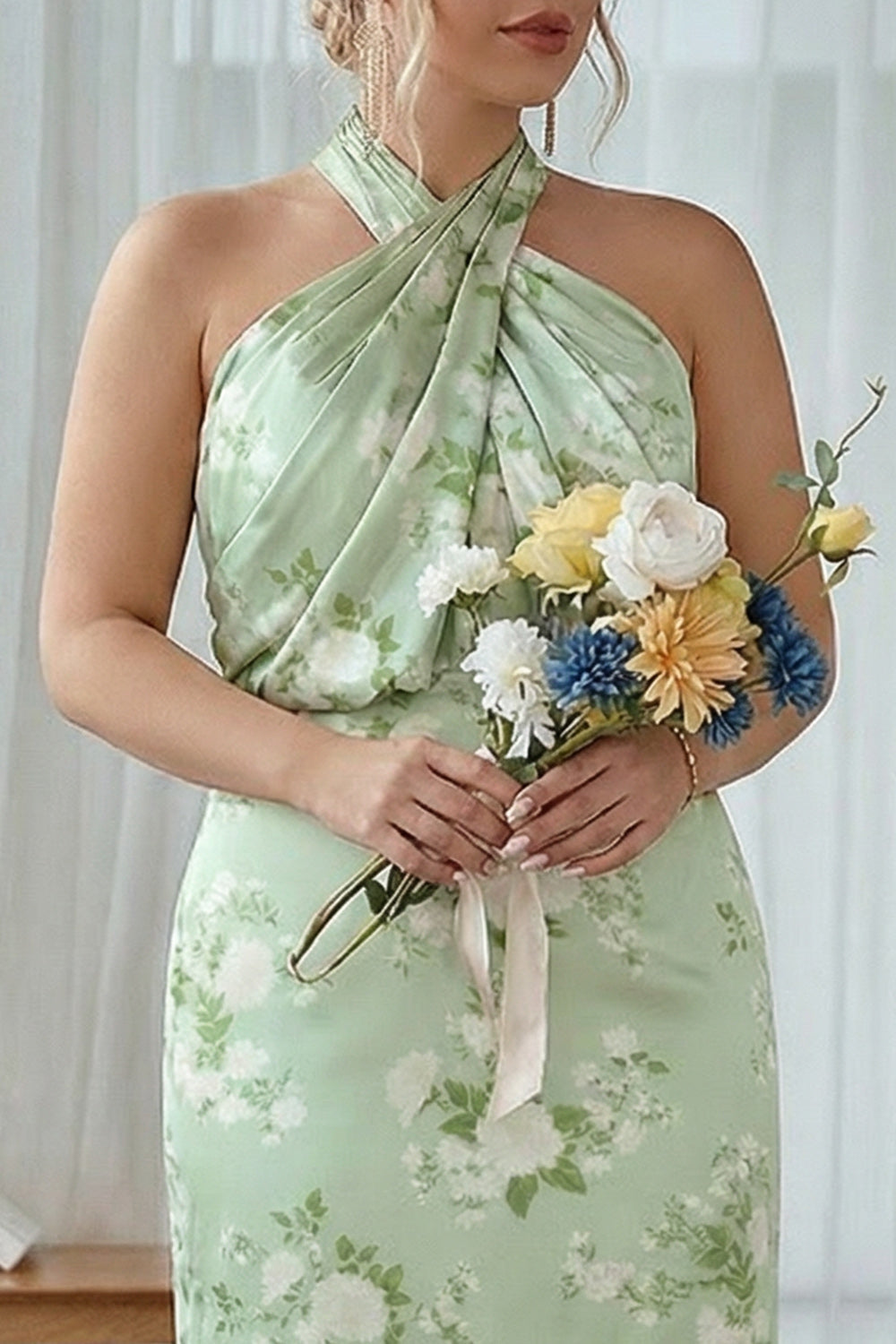 Halter Blue White Floral Plus Size Sheath Bridesmaid Dress
