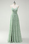 Floral Dusty Sage A Line Cut Out Bridesmaid Dress with Slit
