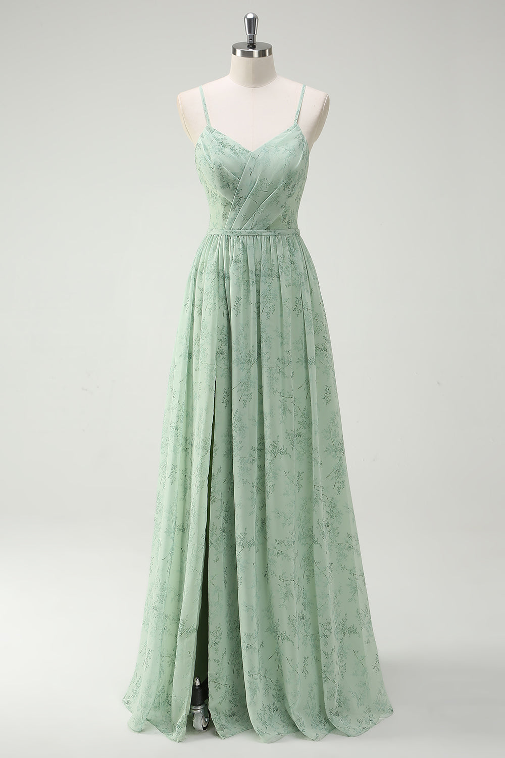 Floral Dusty Sage A Line Cut Out Bridesmaid Dress with Slit