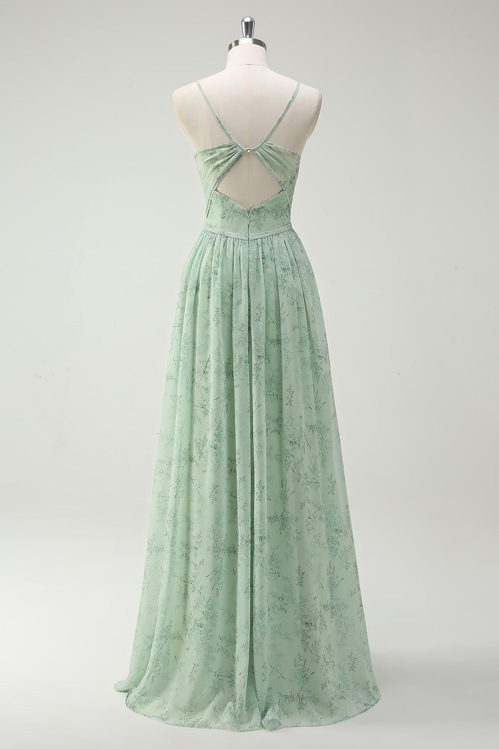 Floral Dusty Sage A Line Cut Out Bridesmaid Dress with Slit