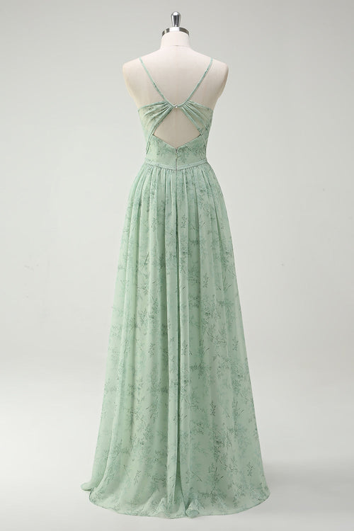 Floral Dusty Sage A Line Cut Out Bridesmaid Dress with Slit