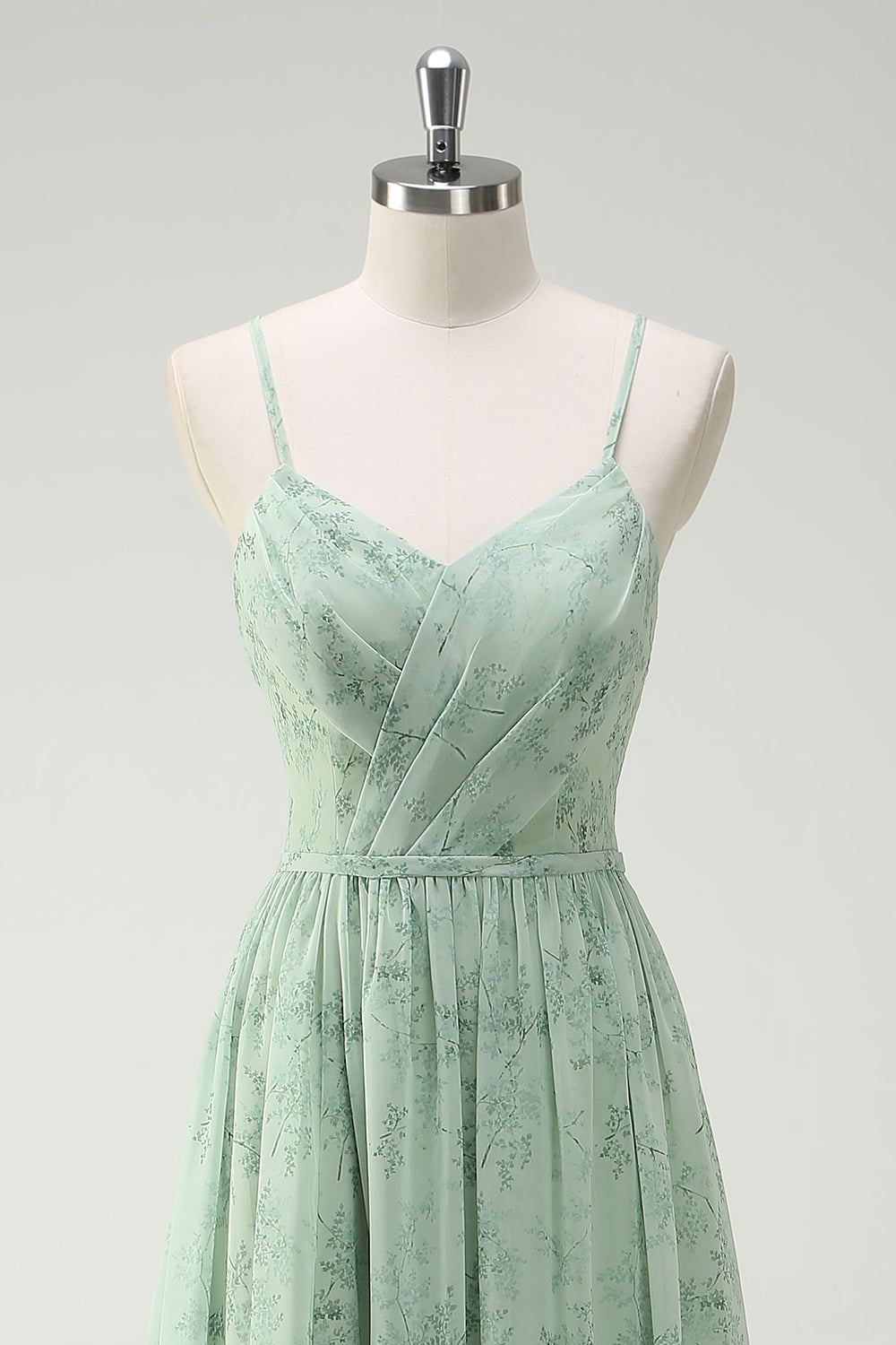 Floral Dusty Sage A Line Cut Out Bridesmaid Dress with Slit