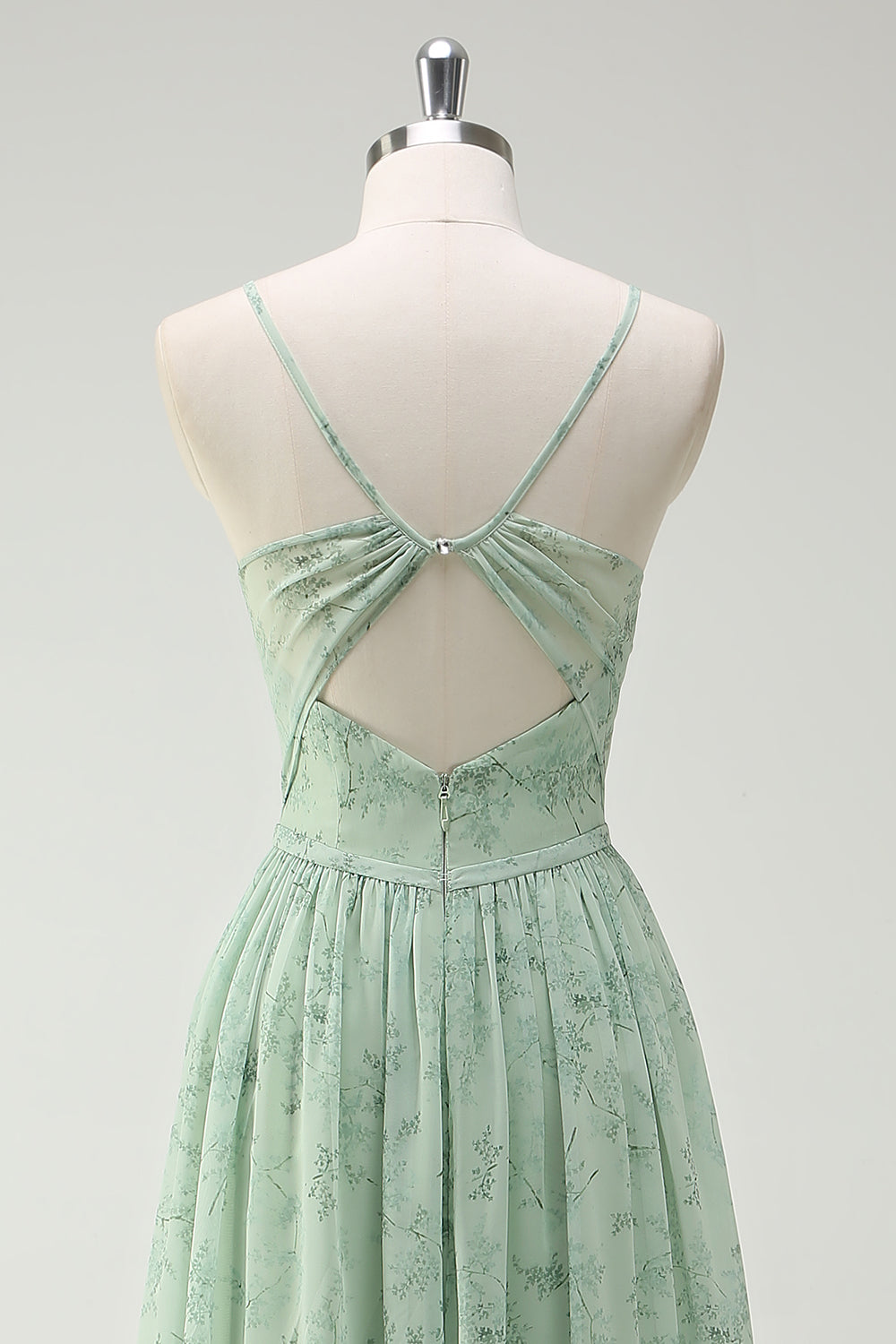 Floral Dusty Sage A Line Cut Out Bridesmaid Dress with Slit