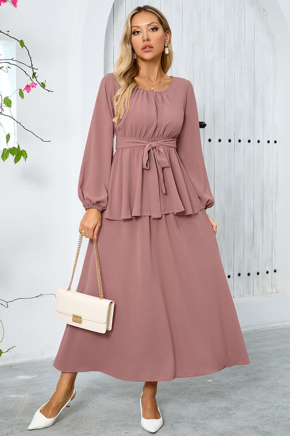 Dusty Rose A Line Tiered Chiffon Tea Length Dress with Long Sleeves