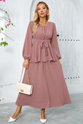 Dusty Rose A Line Tiered Chiffon Tea Length Dress with Long Sleeves