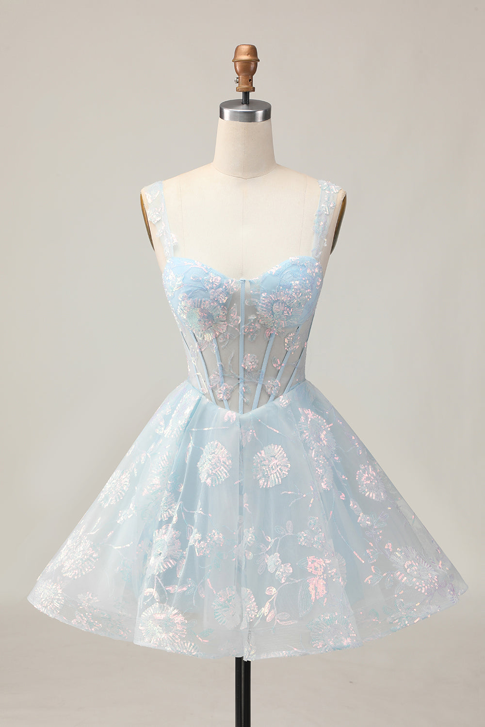 Light Blue A Line Corset Homecoming Dress with Sequins