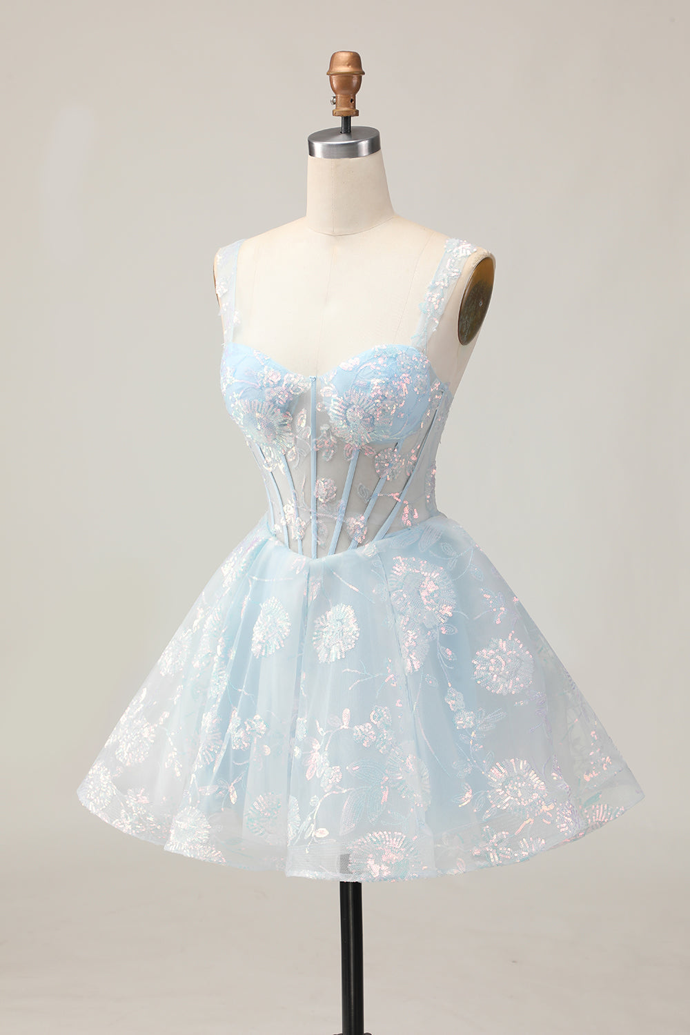 Floral Fuchsia Sequined Corset Homecoming Dress