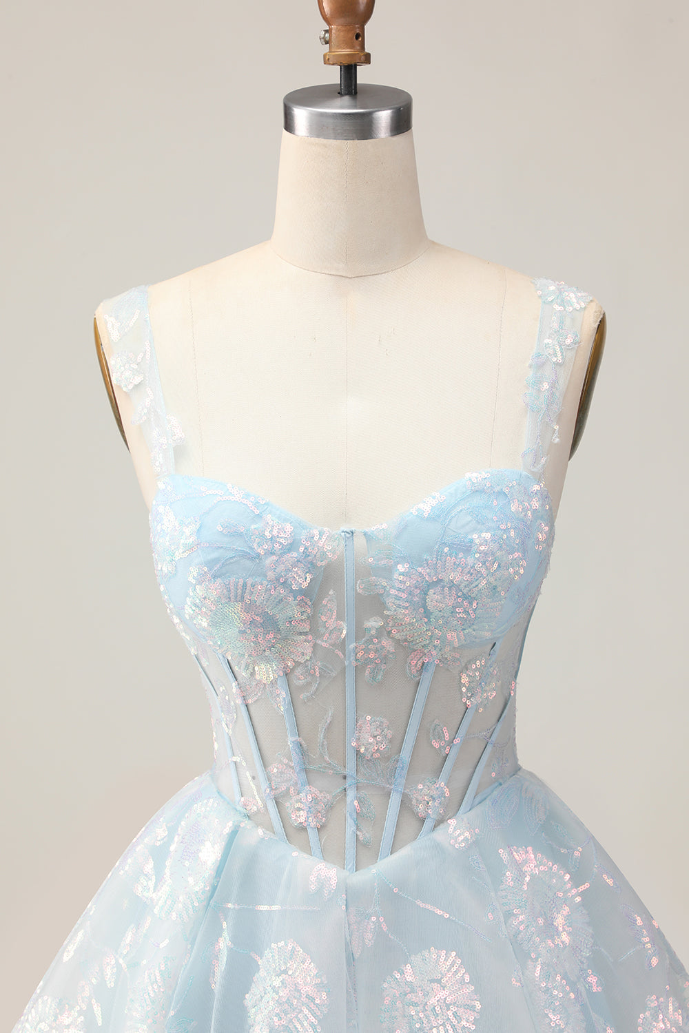 Sparkly White A-Line Floral Corset Mini Dress