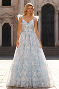 A Line Light Blue Floral Maxi Prom Dress