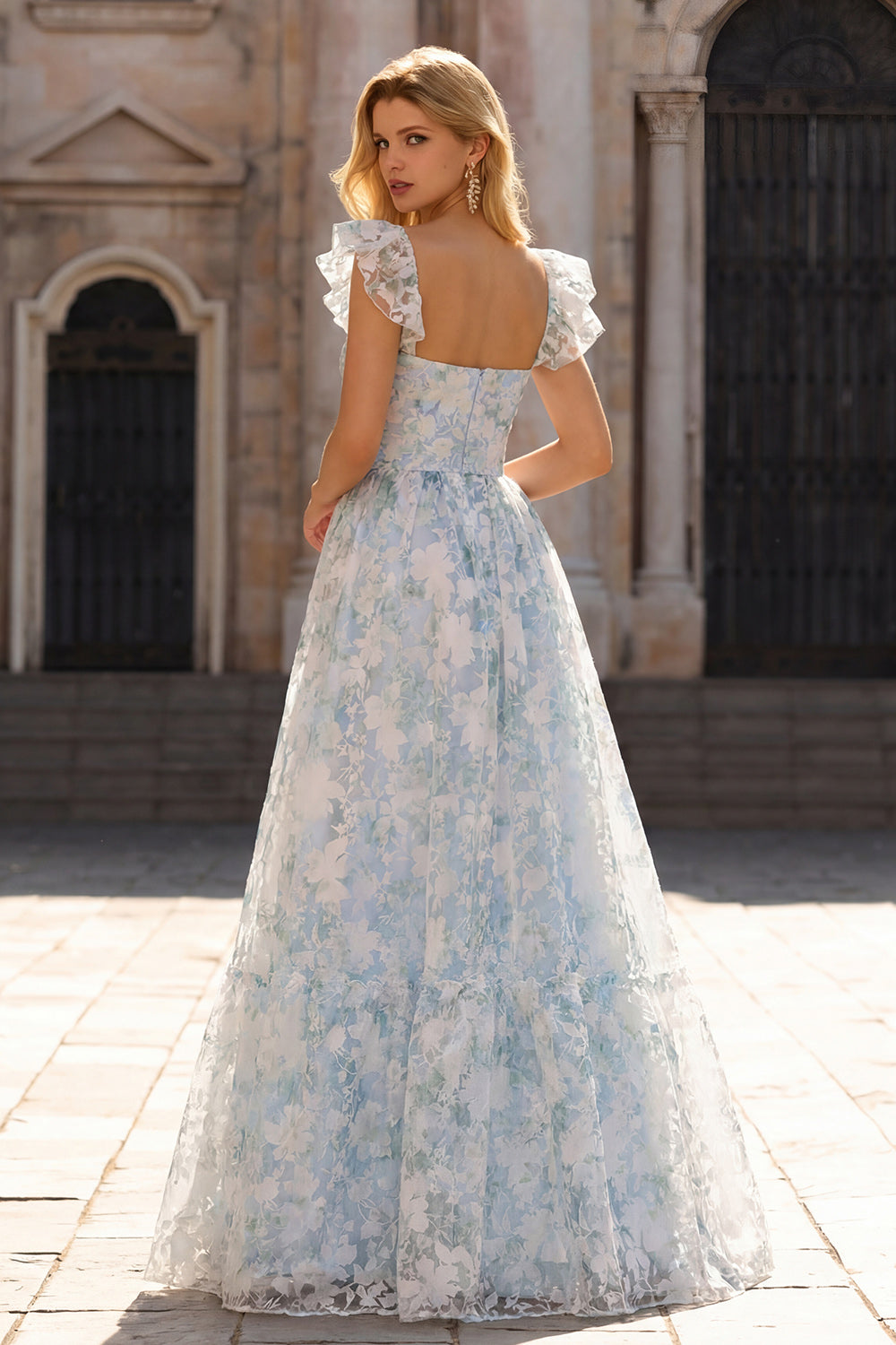 A Line Light Blue Floral Maxi Prom Dress