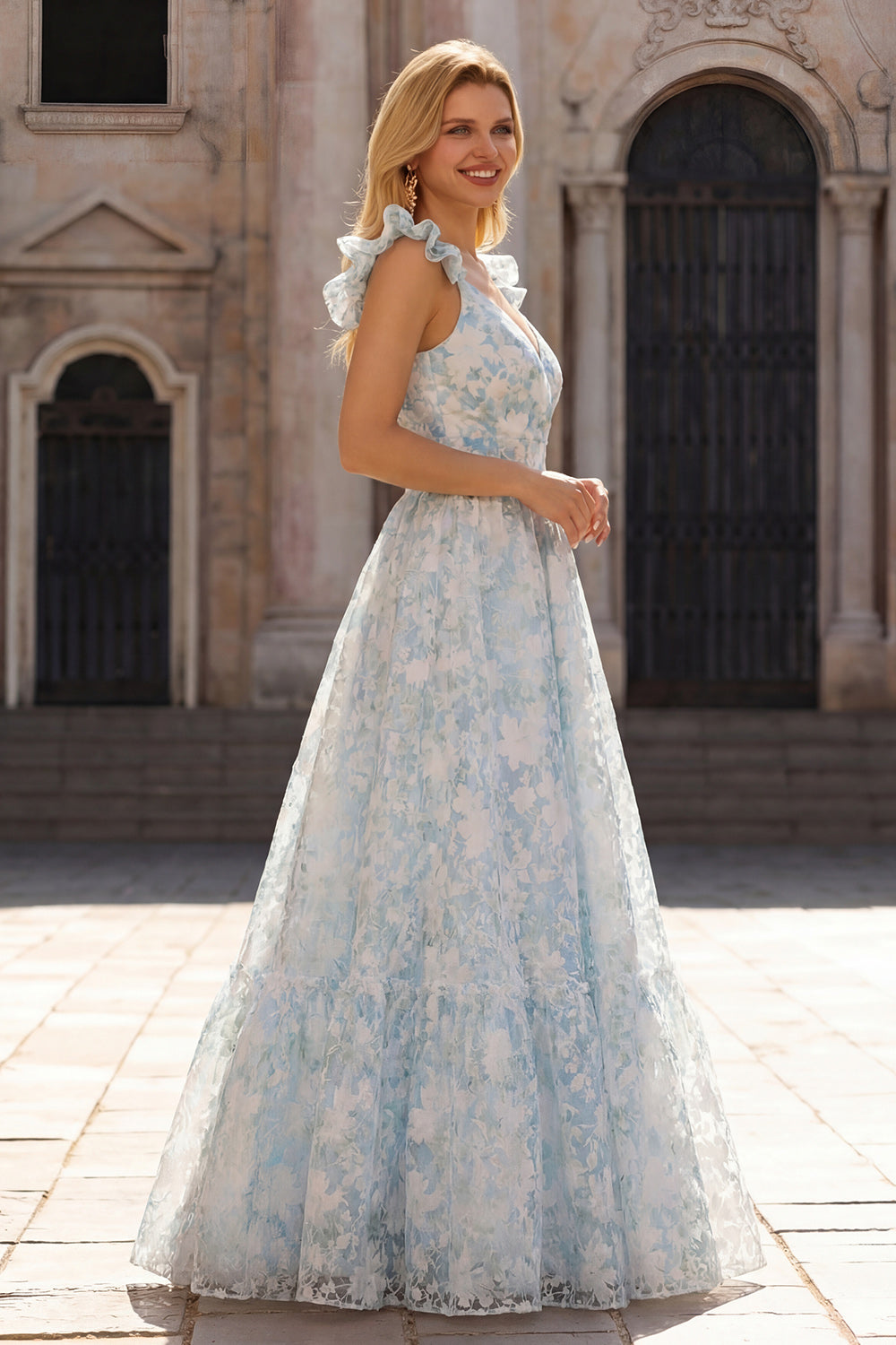A Line Light Blue Floral Maxi Prom Dress