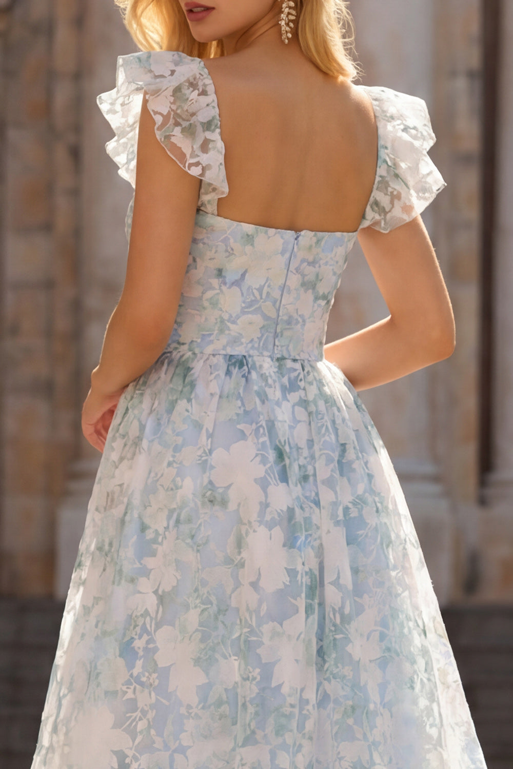 A Line Light Blue Floral Maxi Prom Dress
