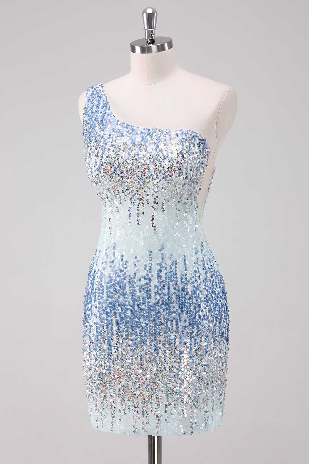 Sparkly Light Blue One Shoulder Sequins Bodycon Mini Dress