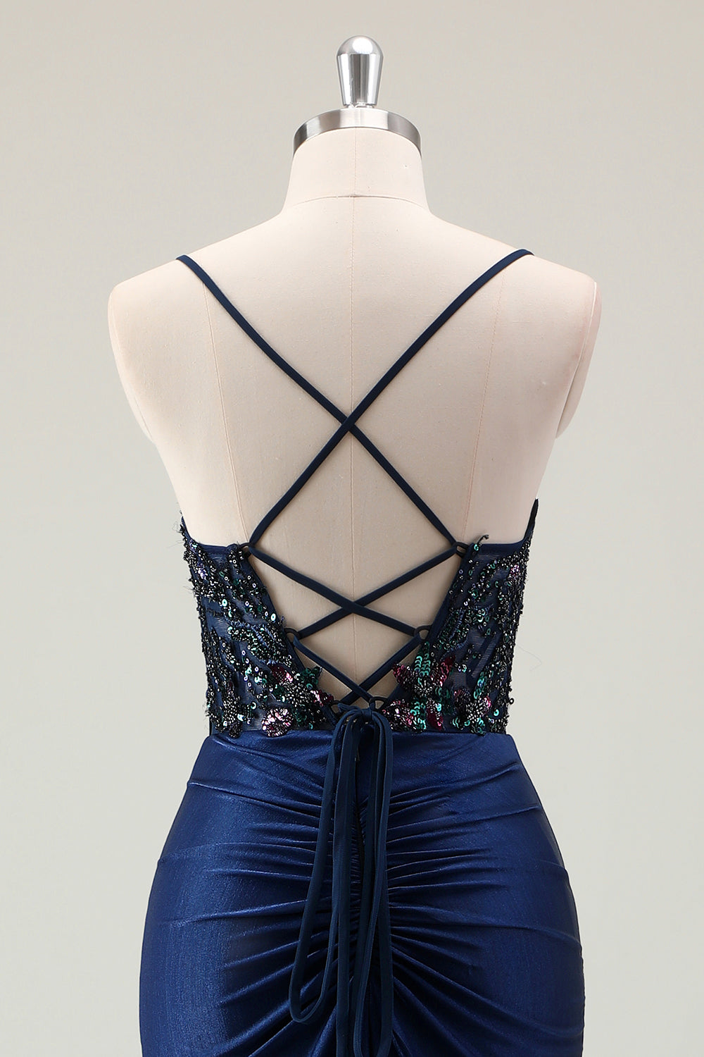 Dark Navy Ruched Mermaid Sequined Prom Dress with Slit