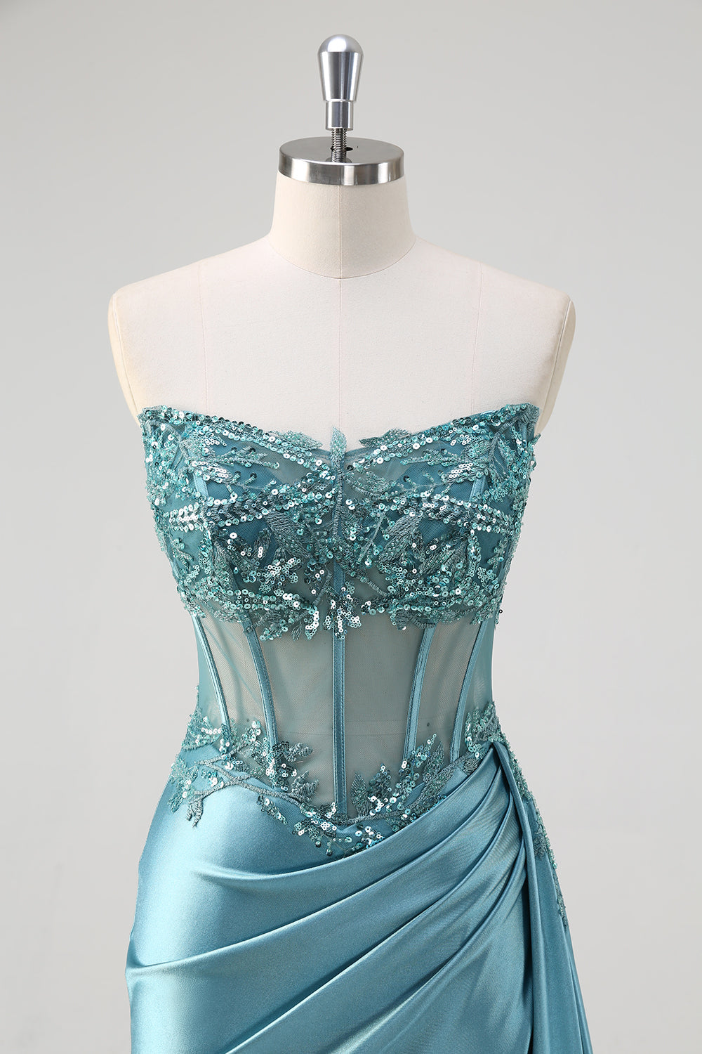 Grey Blue Strapless Sequined Corset Mermaid Prom Dress with Slit