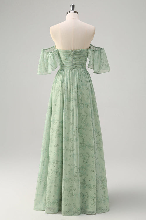 Dusty Sage Pleated A Line Off The Shoulder Prom Dress with Slit