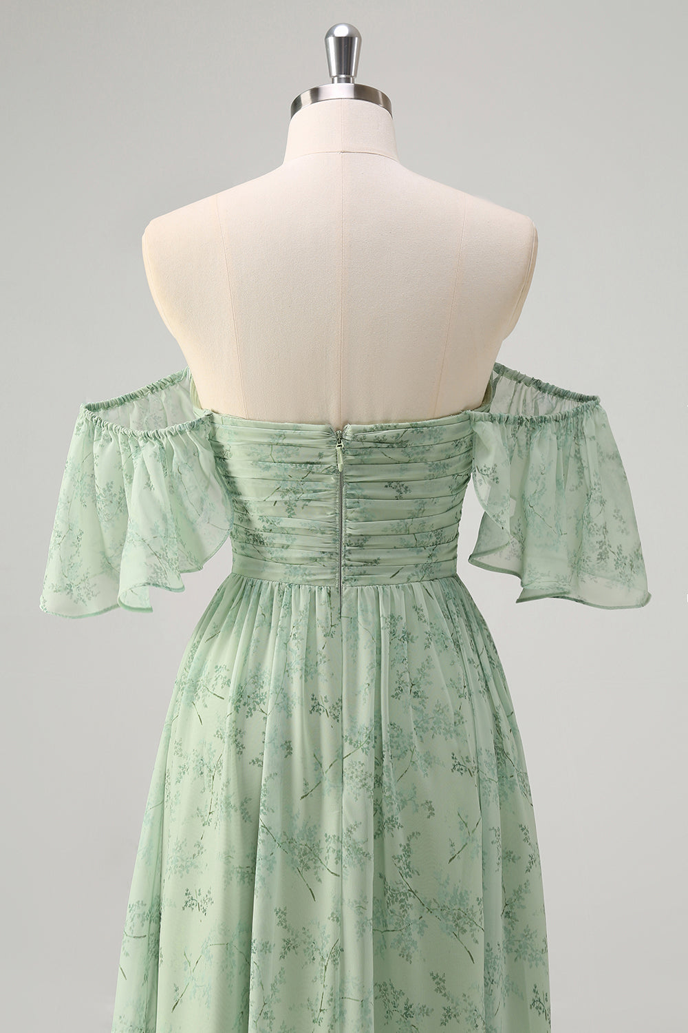 Dusty Sage Pleated A Line Off The Shoulder Prom Dress with Slit