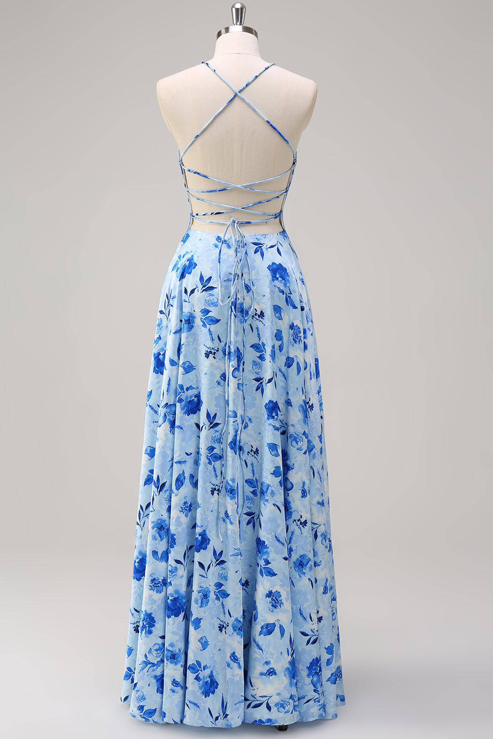 Blue A Line Floral Spaghetti Straps Maxi Dress with Slit