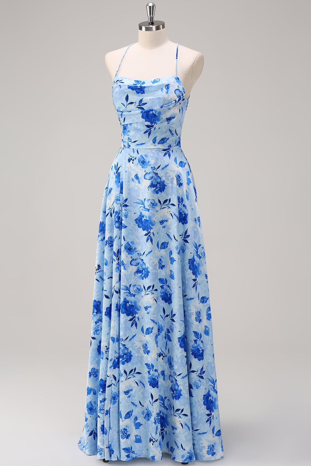 Blue A Line Floral Spaghetti Straps Maxi Dress with Slit