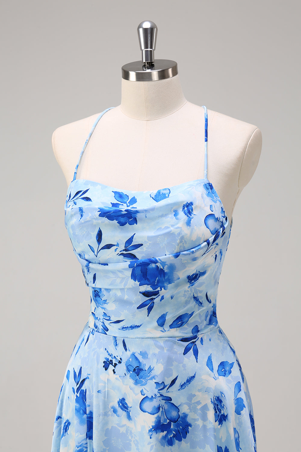 Blue A Line Floral Spaghetti Straps Maxi Dress with Slit