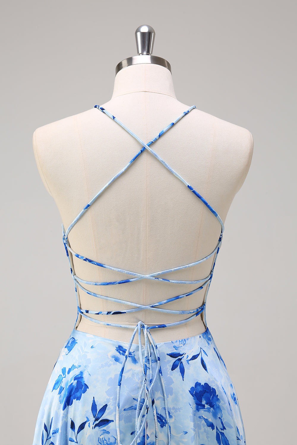 Blue A Line Floral Spaghetti Straps Maxi Dress with Slit