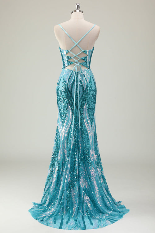 Sparkly Blue Hollow Out Mermaid Prom Dress with Slit