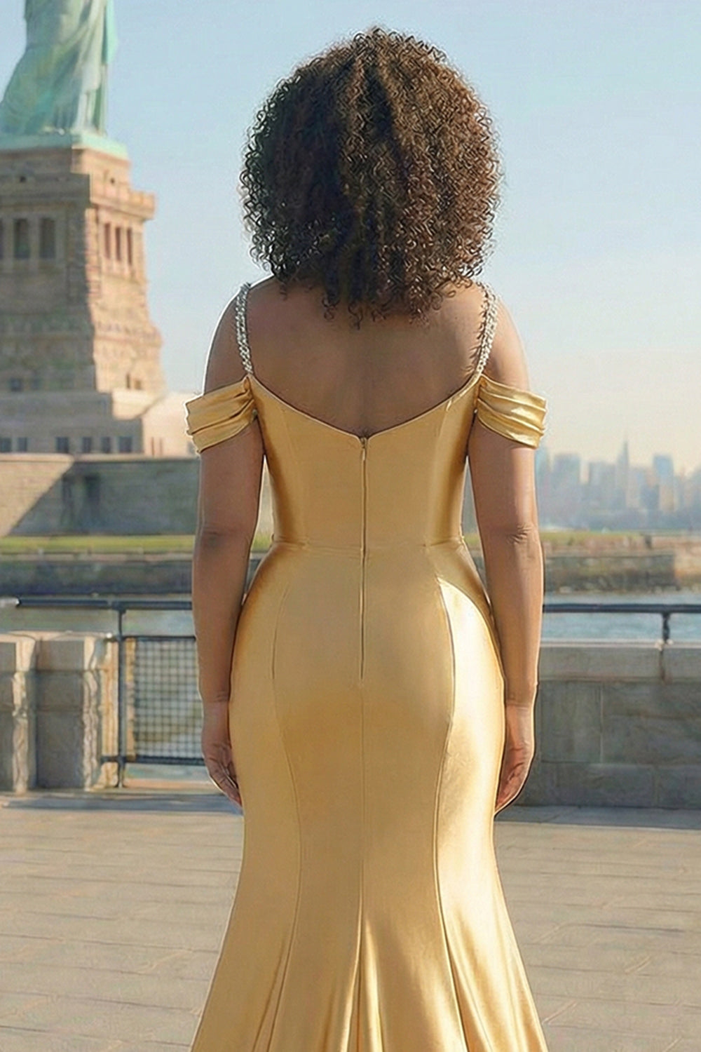Golden Cold Shoulder Mermaid Satin Plus Size Prom Dress