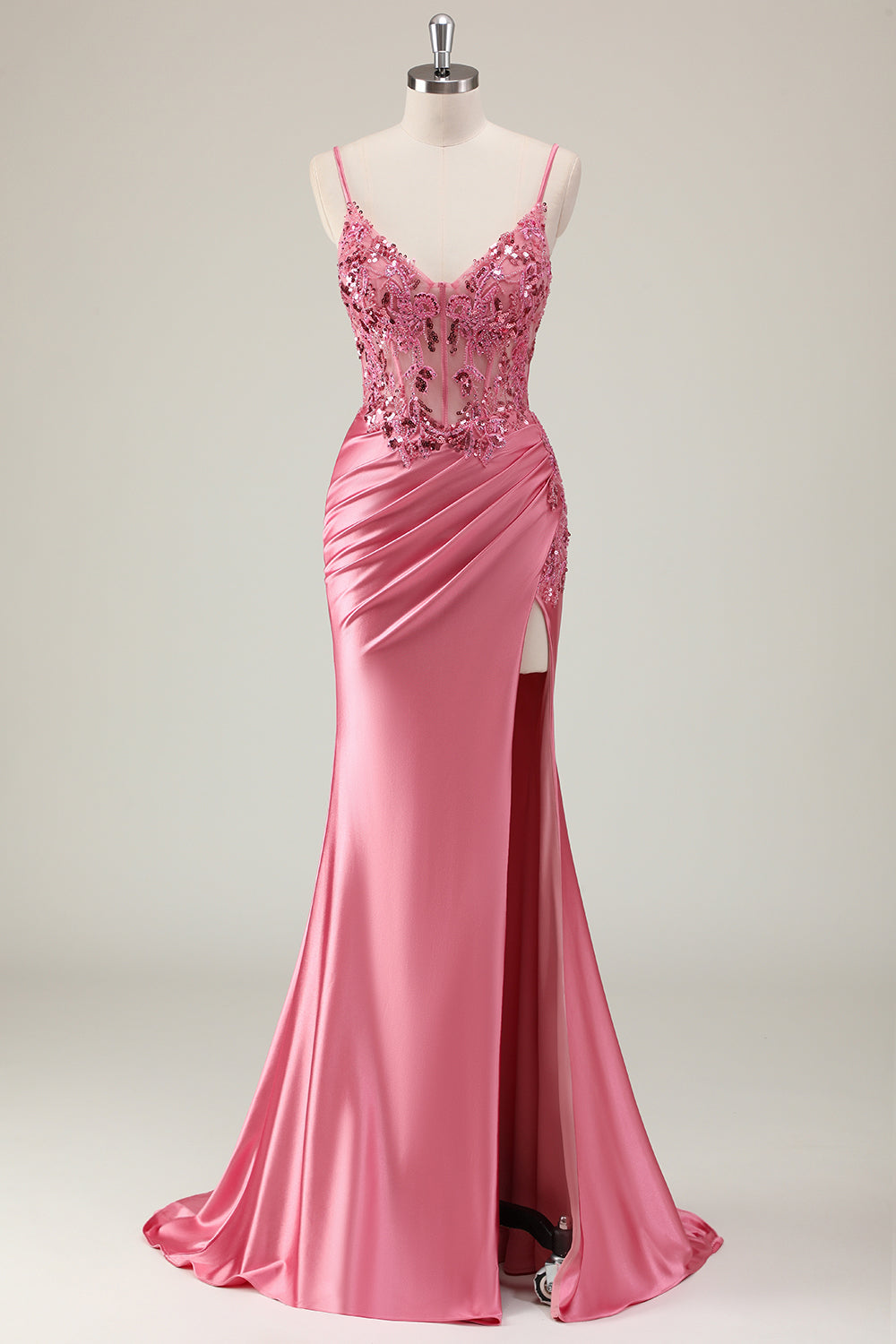 Coral Corset Sequin Mermaid Prom Dress with Slit