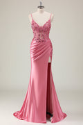 Coral Corset Sequin Mermaid Prom Dress with Slit