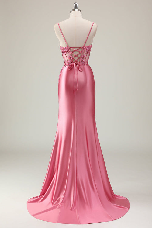 Coral Corset Sequin Mermaid Prom Dress with Slit