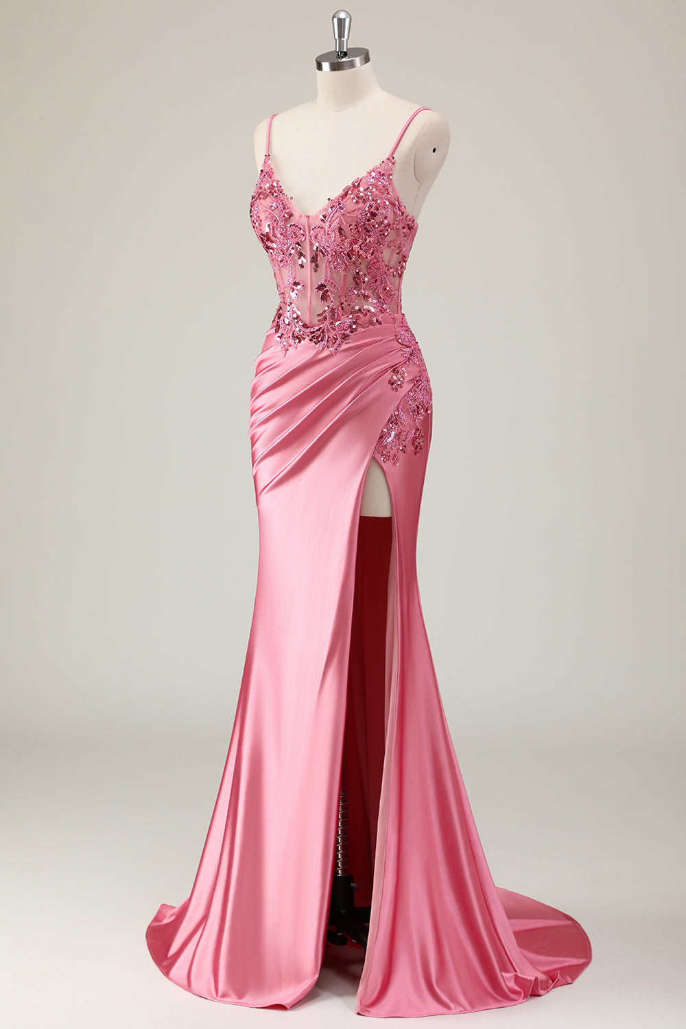 Coral Corset Sequin Mermaid Prom Dress with Slit