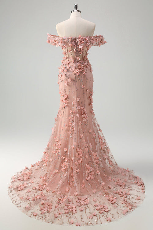 Blush Sequin Corset Off the Shoulder Mermaid Prom Dress with 3D Flowers and Slit